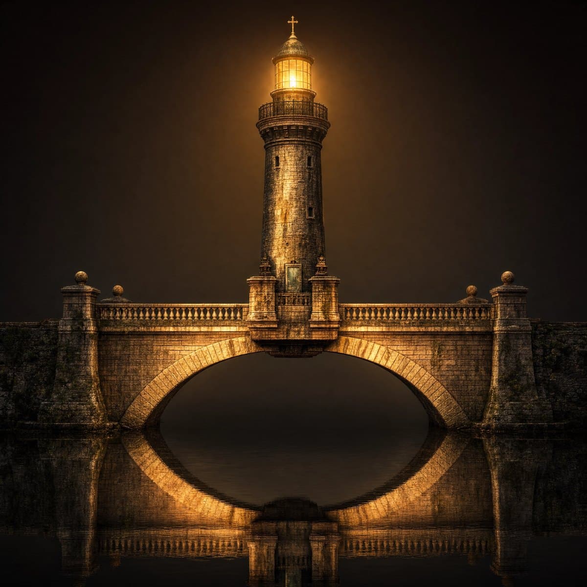 The GraceBridge emblem — a lighthouse rising from a stone bridge, its lantern glowing over still water.