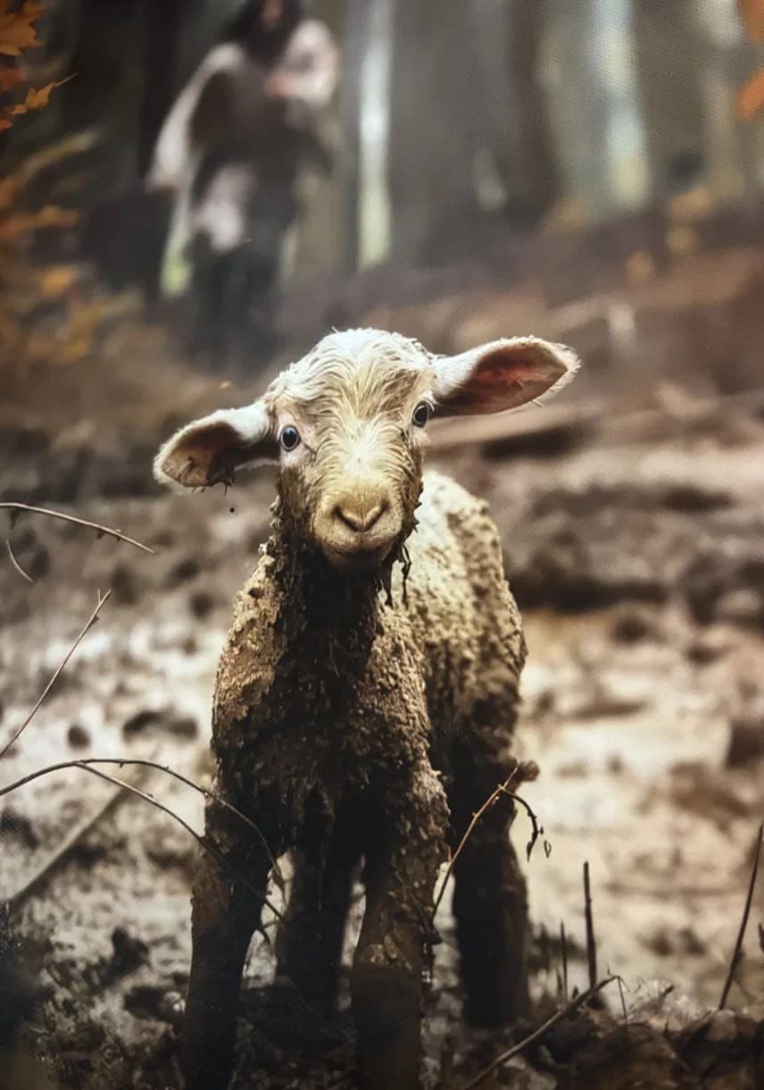 A mud-covered lamb stands alone on rough ground, looking up — behind it, the shepherd is already coming.