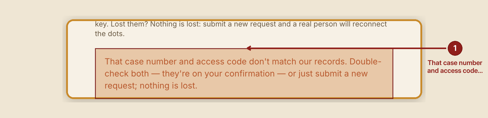 Screenshot of the client portal and check my request screen at /portal, illustrating “When something goes wrong”, with a highlighted region and numbered callouts: 1. That case number and access code don't match our records..
