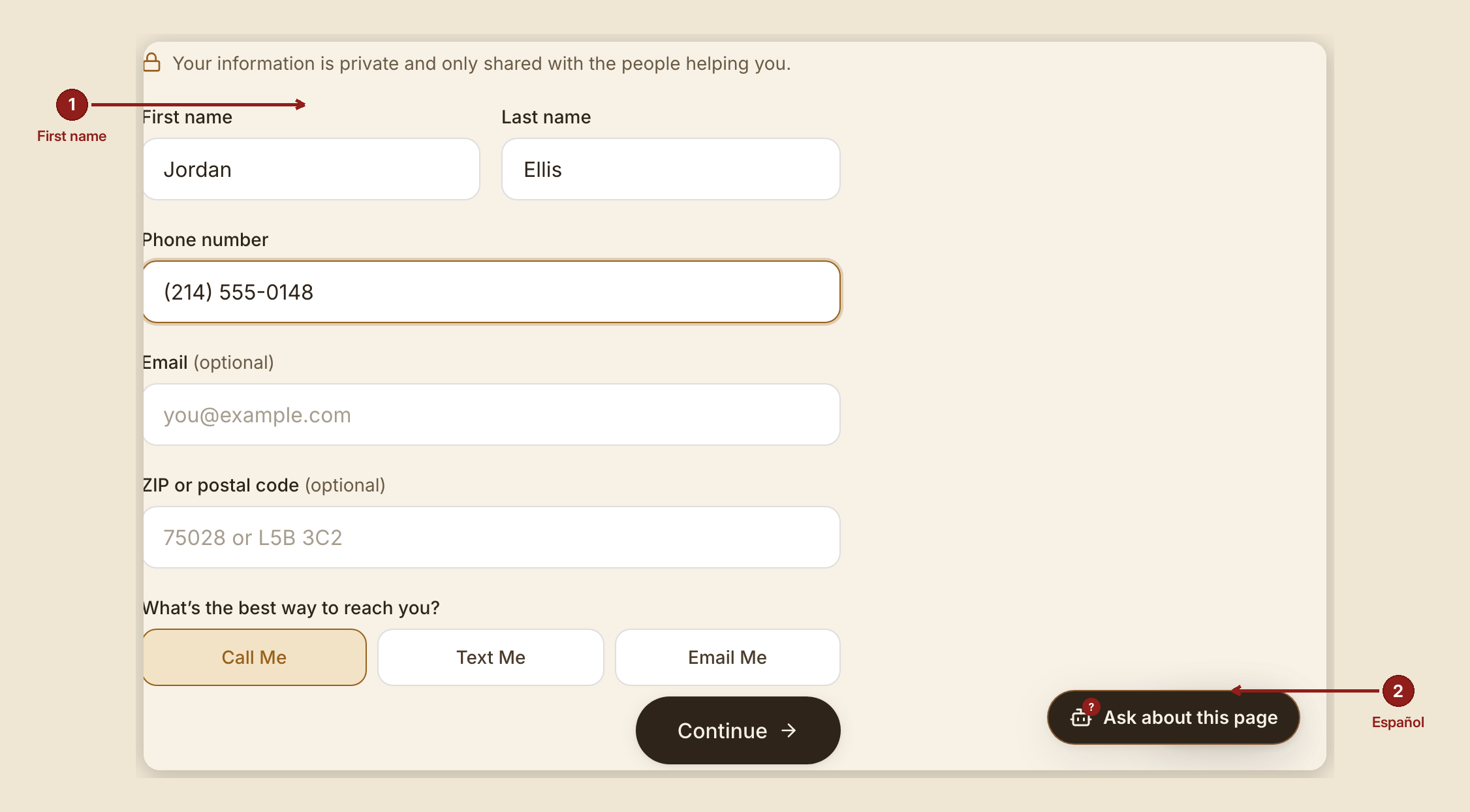 Screenshot of the get help intake screen at /intake, illustrating “What to do”, with numbered callouts: 1. First name; 2. Español.