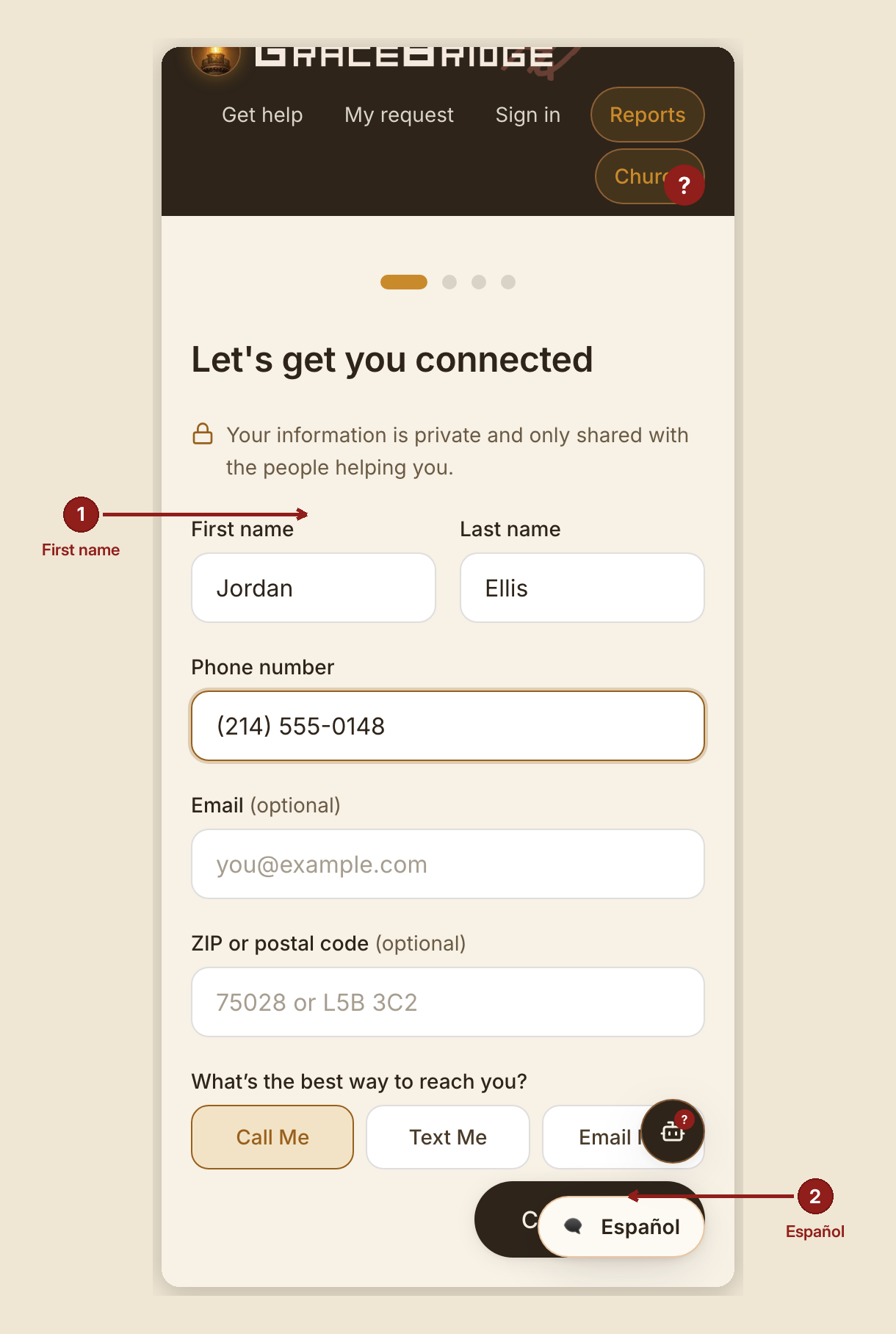 Screenshot of the get help intake screen at /intake, illustrating “What to do”, with numbered callouts: 1. First name; 2. Español.