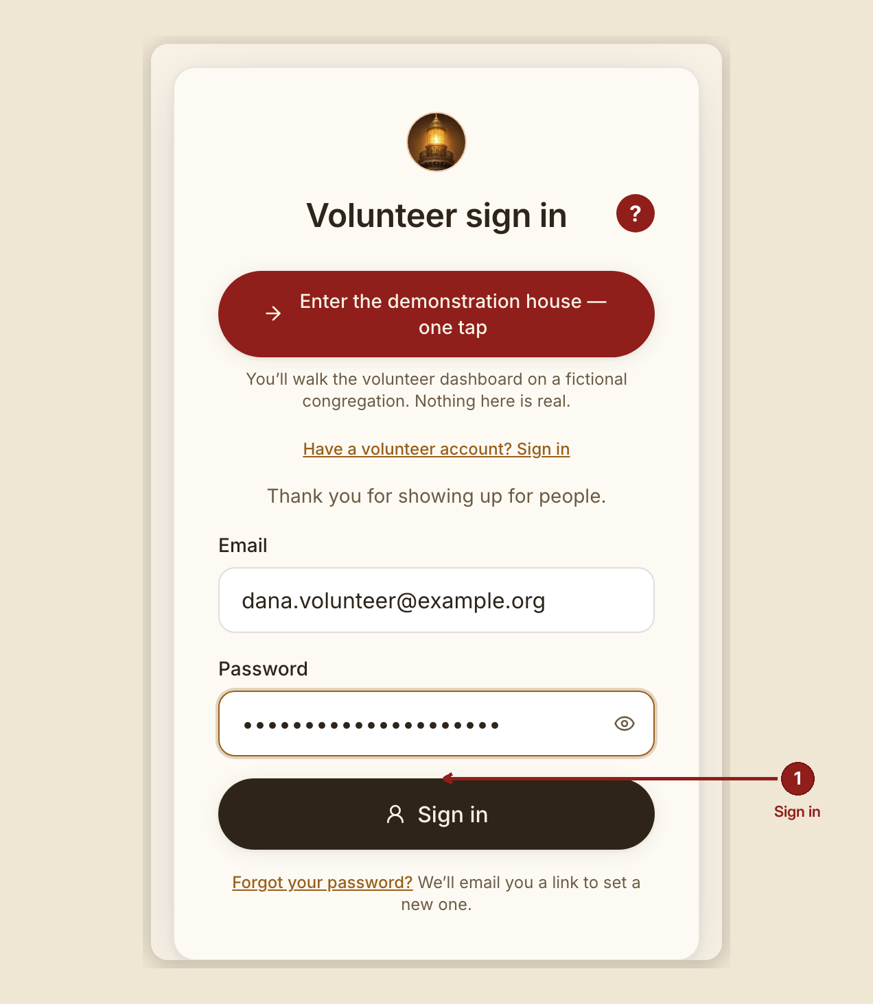 Screenshot of the getting started and sign in screen at /dashboard/login, illustrating “What to do”, with numbered callouts: 1. Sign in.