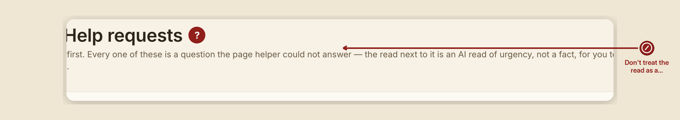 Screenshot of the help requests screen at /dashboard/help-requests, illustrating “What NOT to do”, with numbered callouts: 1. DON'T — Don't treat the read as a diagnosis — it's an AI read of urgency, not a case assessment.