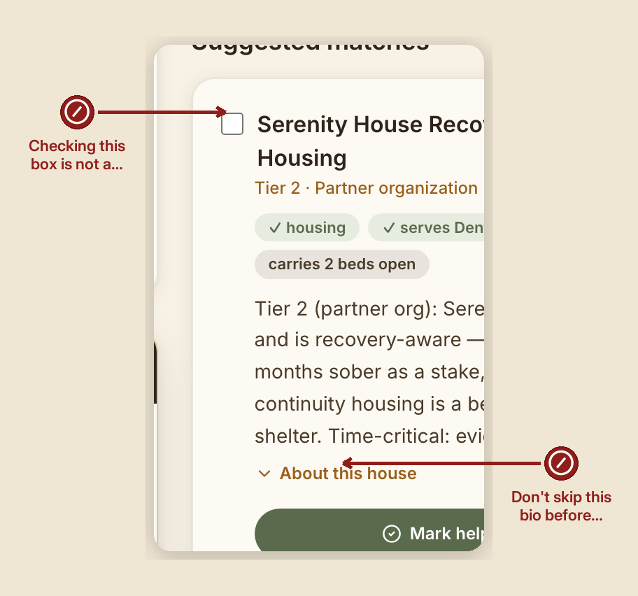 Screenshot of the providers and resources screen at /dashboard/case/GB-1002, illustrating “What NOT to do”, with numbered callouts: 1. DON'T — Checking this box is not a committed referral — a human always approves; 2. DON'T — Don't skip this bio before reaching out.
