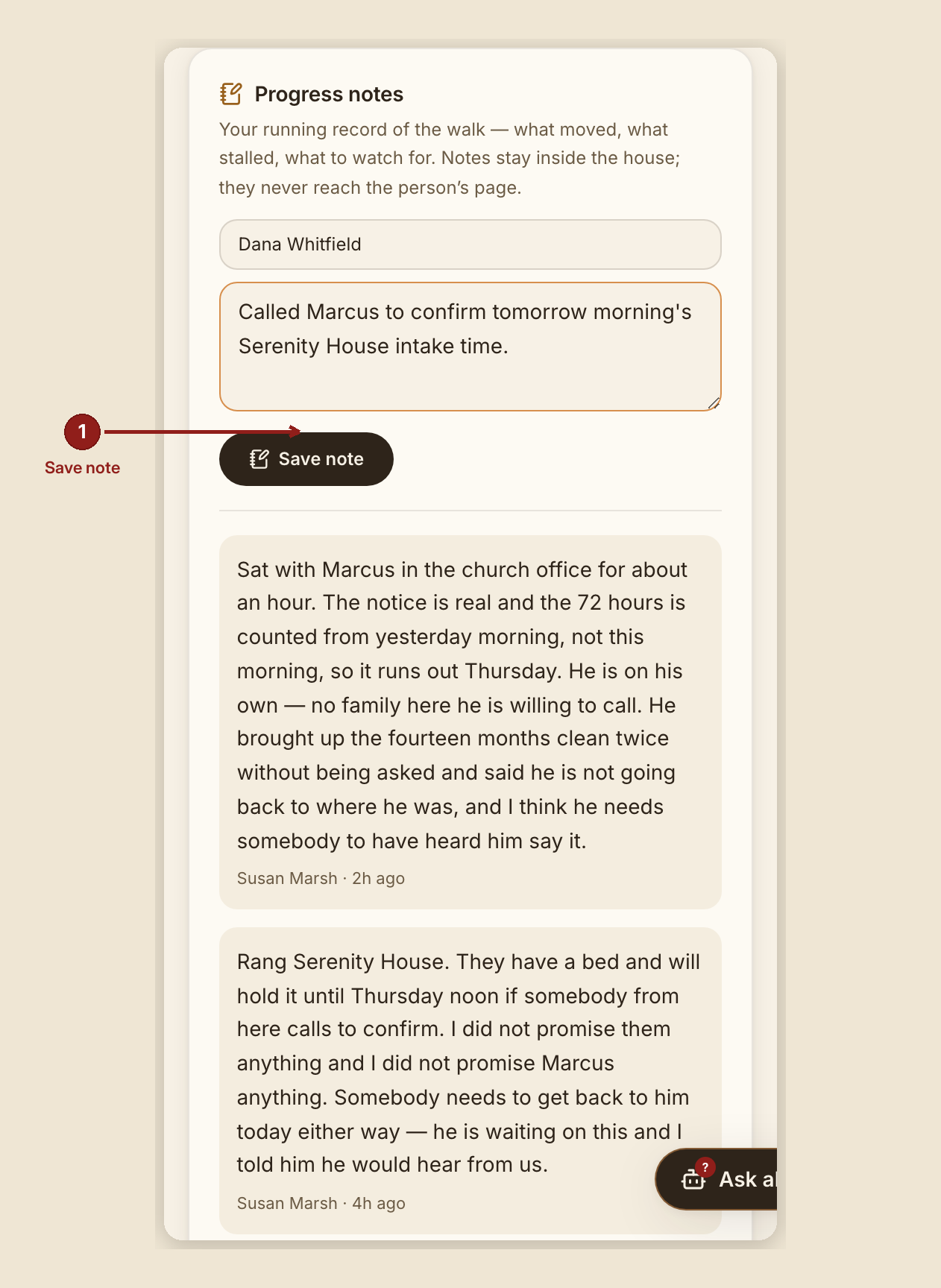 Screenshot of the the case page screen at /dashboard/case/GB-1002, illustrating “What to do”, with numbered callouts: 1. Save note.